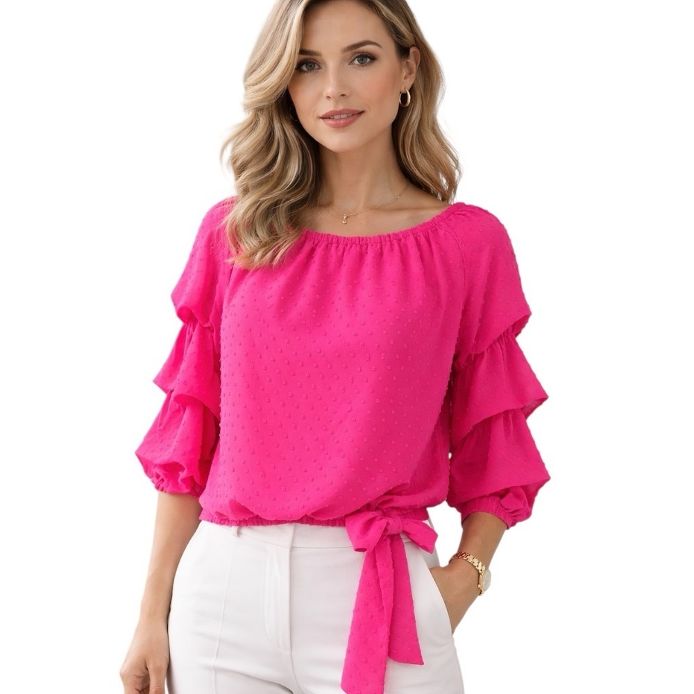 Cece Large Hot Pink Textured Dots Tie Front Elbow Sleeve Blouse Coquette